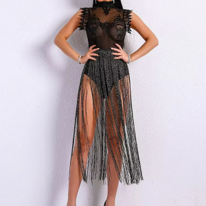 Elegant High Neck Sleeveless Lace Glitter Tassel Playsuits