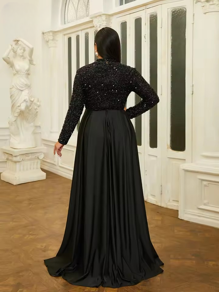 Elegant High Necked Long Sleeve Sequin Plus Size Maxi Dress - Image 7