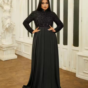 Elegant High Necked Long Sleeve Sequin Plus Size Maxi Dress