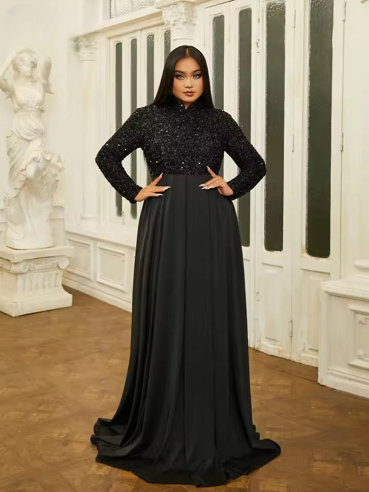 Elegant High Necked Long Sleeve Sequin Plus Size Maxi Dress