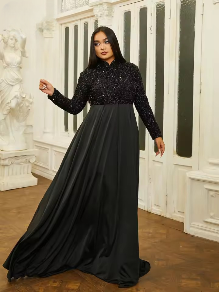 Elegant High Necked Long Sleeve Sequin Plus Size Maxi Dress - Image 5