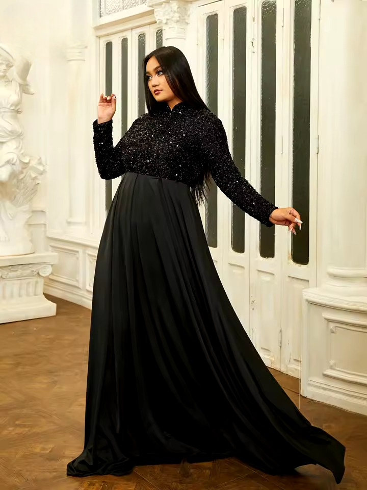 Elegant High Necked Long Sleeve Sequin Plus Size Maxi Dress - Image 2