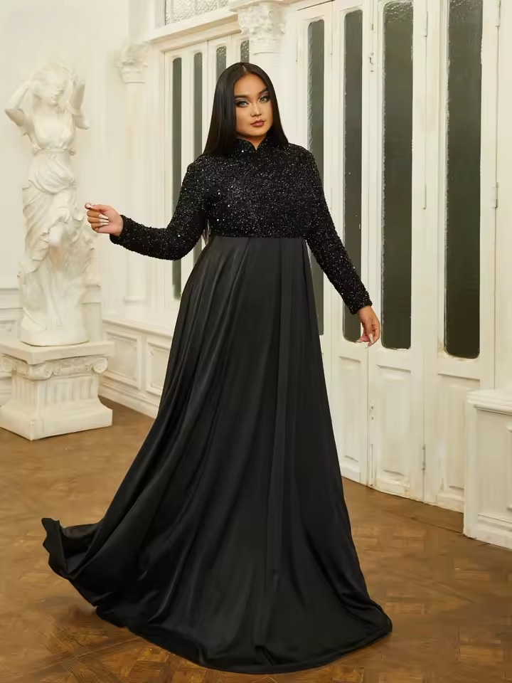 Elegant High Necked Long Sleeve Sequin Plus Size Maxi Dress - Image 6