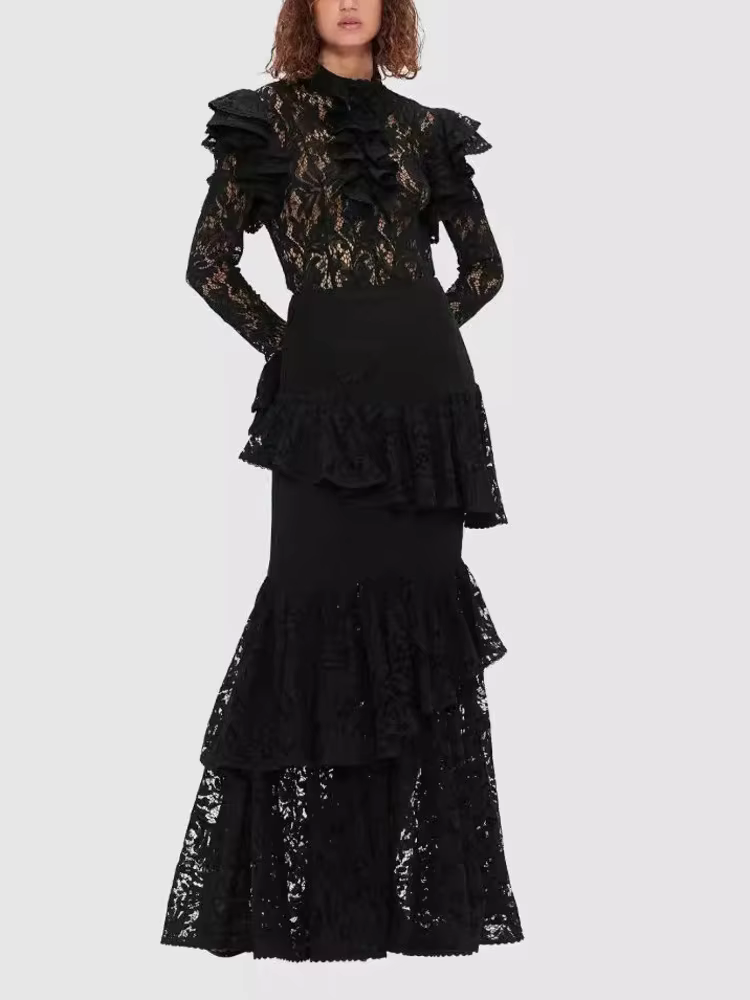 Elegant Hollow Out Patchwork High Waist Flare With Belt Maxi Dress