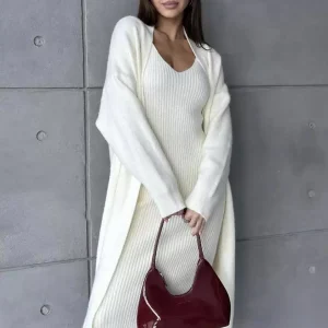 Elegant Jewel Neck Long Sleeves Outerwear 2pieces Set Knitted Dress