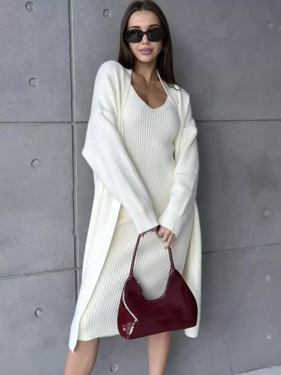 Elegant Jewel Neck Long Sleeves Outerwear 2pieces Set Knitted Dress