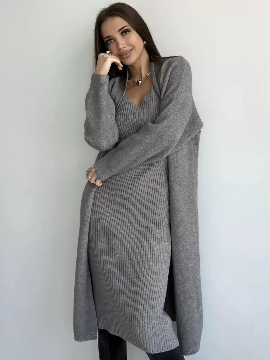 Elegant Jewel Neck Long Sleeves Outerwear 2pieces Set Knitted Dress - Image 15
