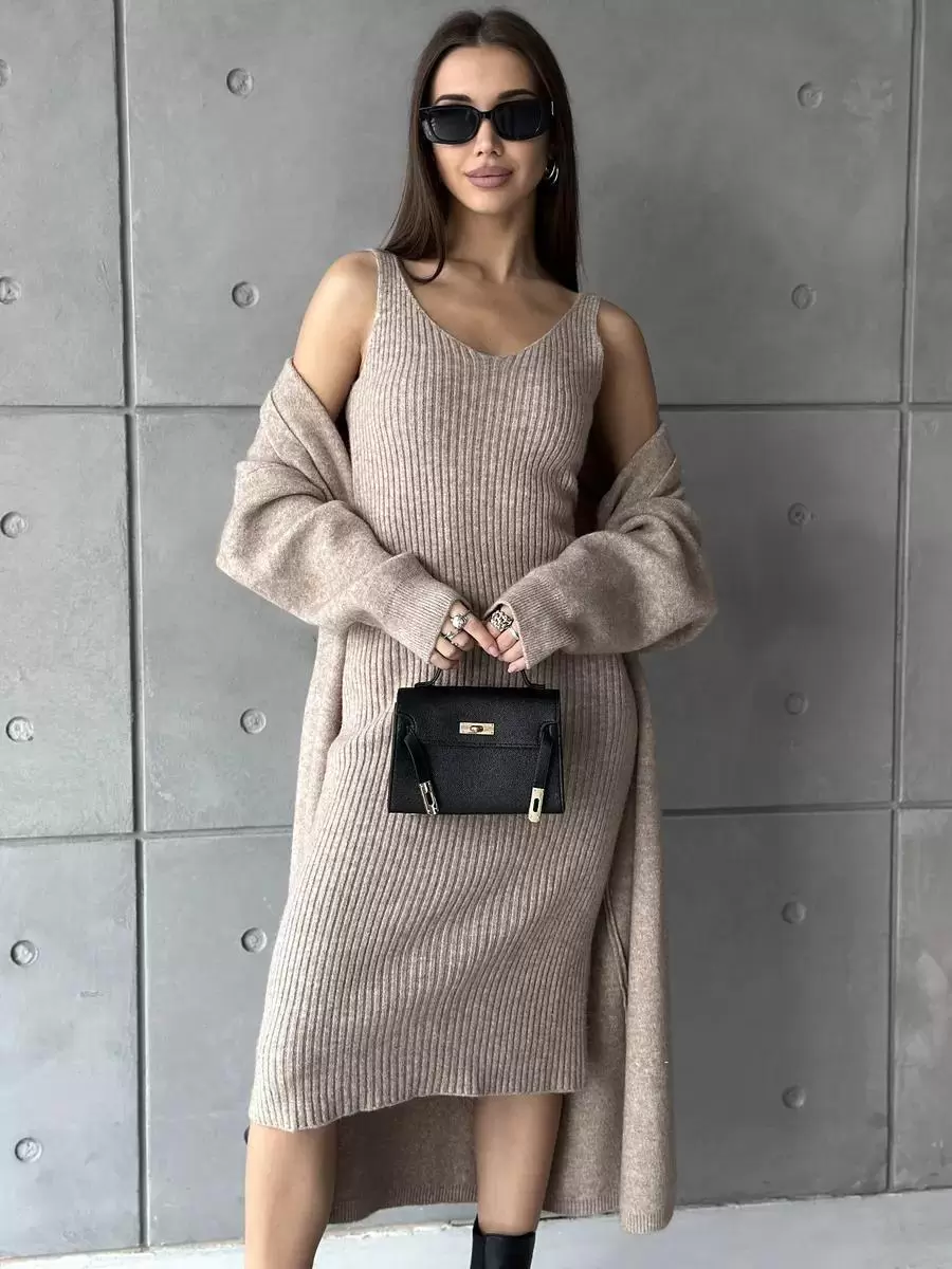 Elegant Jewel Neck Long Sleeves Outerwear 2pieces Set Knitted Dress - Image 13