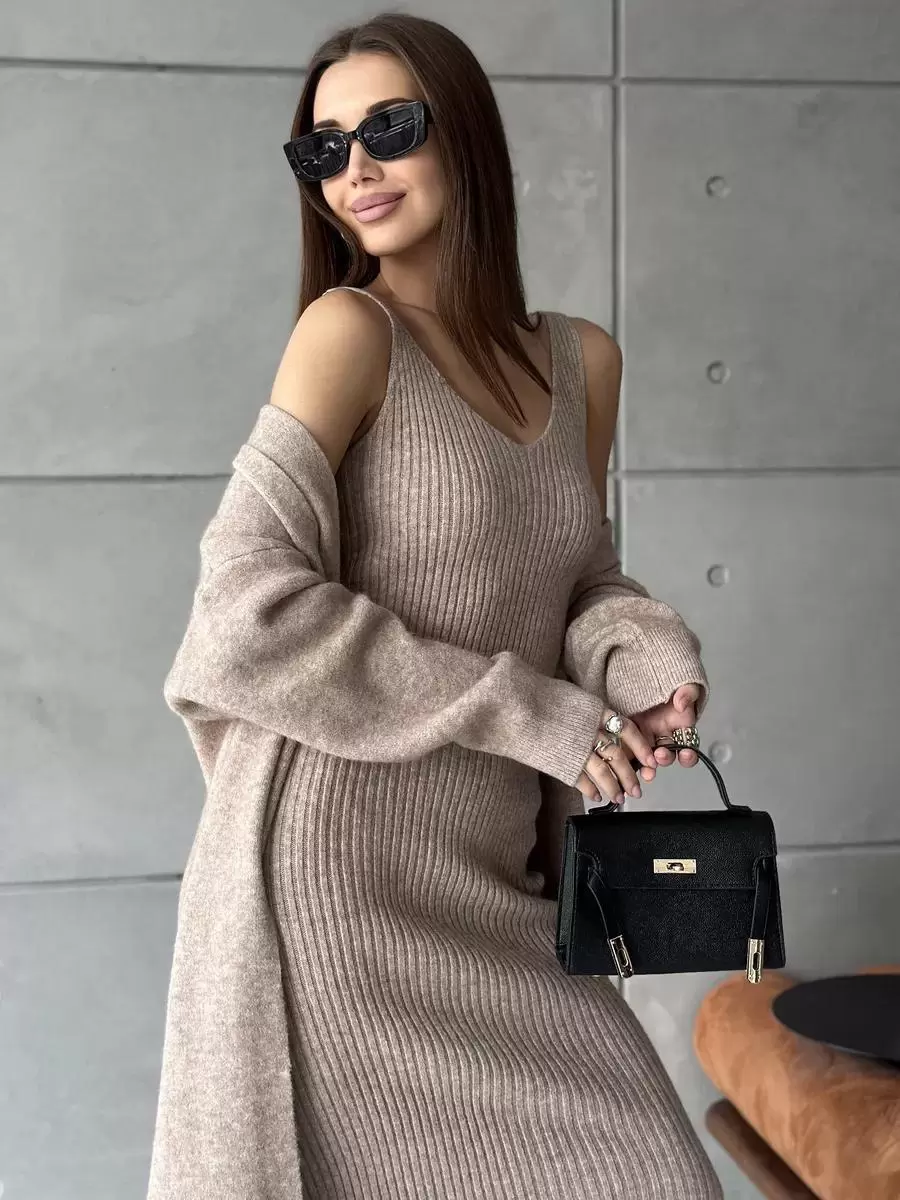 Elegant Jewel Neck Long Sleeves Outerwear 2pieces Set Knitted Dress - Image 14