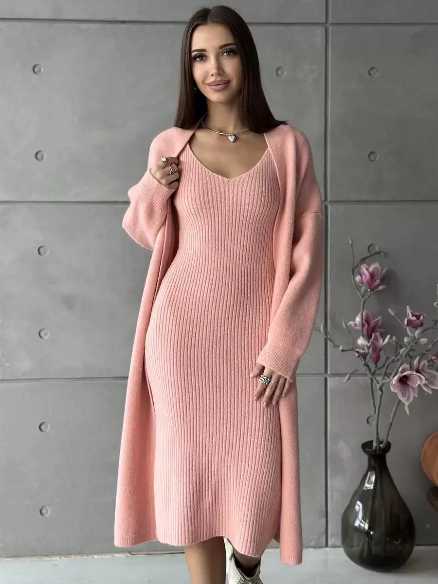 Elegant Jewel Neck Long Sleeves Outerwear 2pieces Set Knitted Dress - Image 11