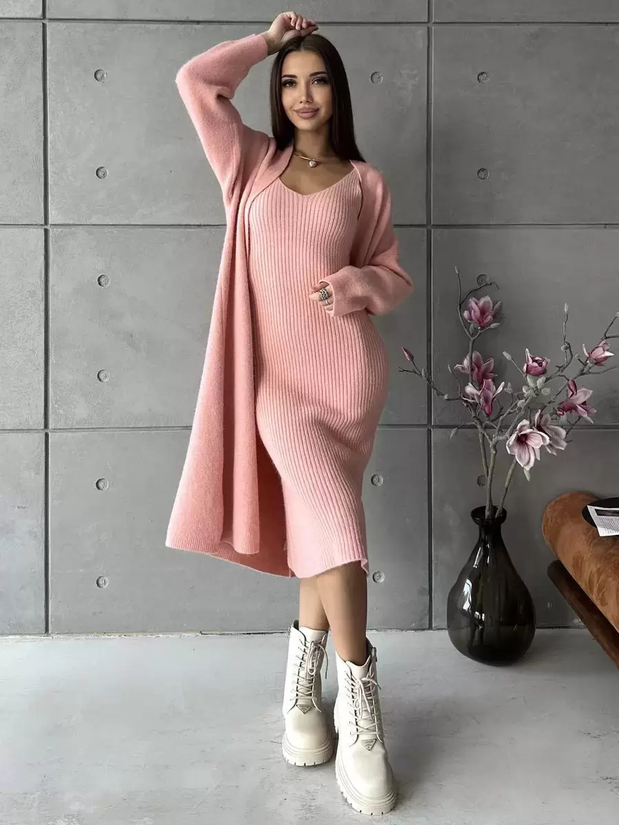 Elegant Jewel Neck Long Sleeves Outerwear 2pieces Set Knitted Dress - Image 10