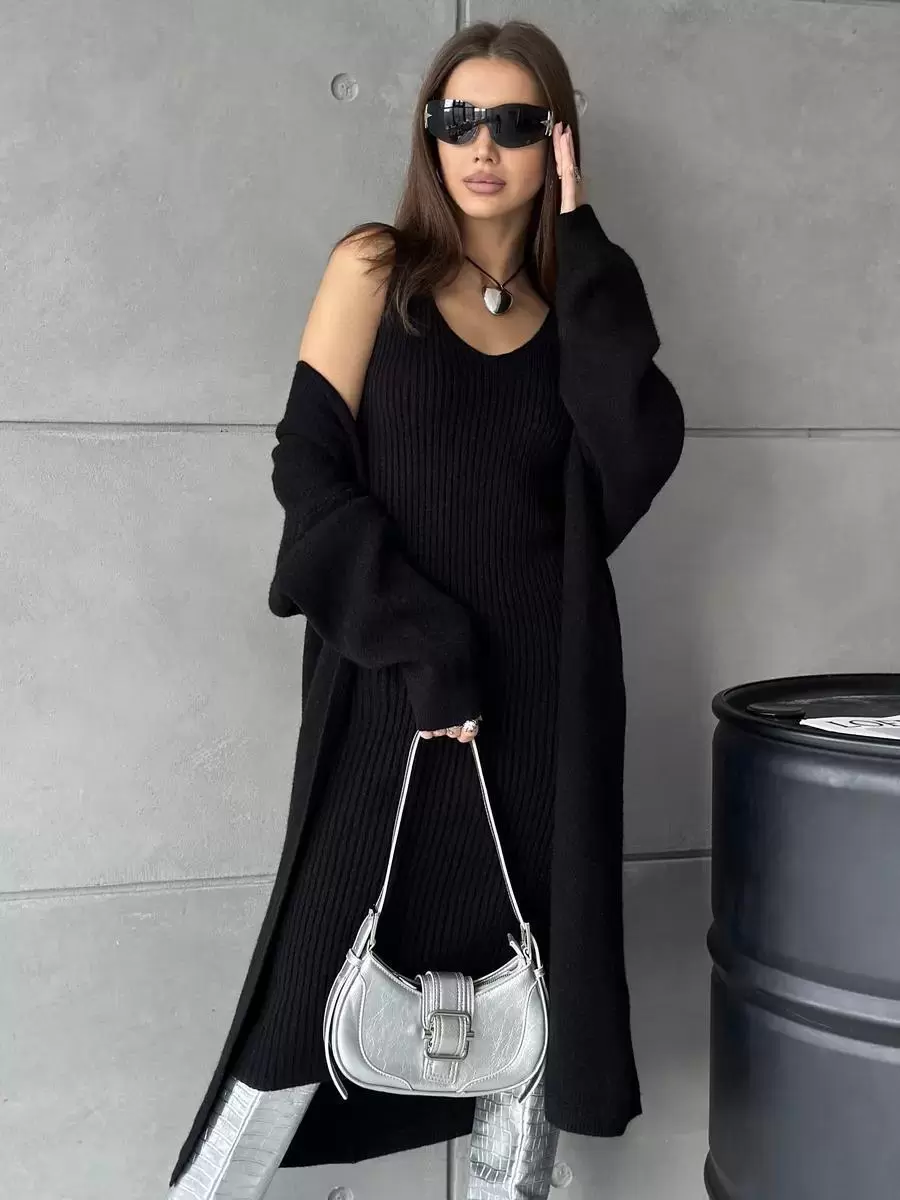 Elegant Jewel Neck Long Sleeves Outerwear 2pieces Set Knitted Dress - Image 17