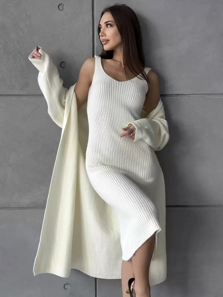 Elegant Jewel Neck Long Sleeves Outerwear 2pieces Set Knitted Dress - Image 2