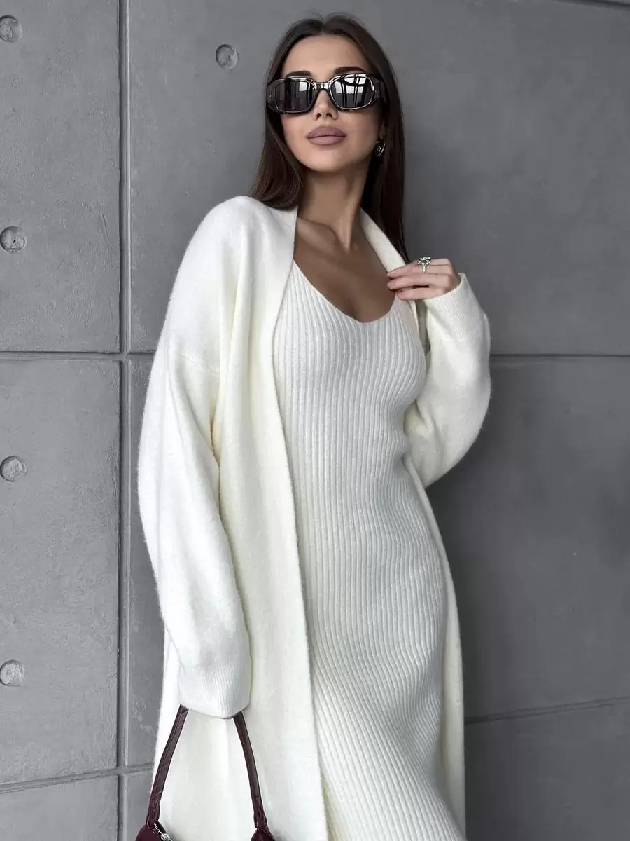 Elegant Jewel Neck Long Sleeves Outerwear 2pieces Set Knitted Dress - Image 3