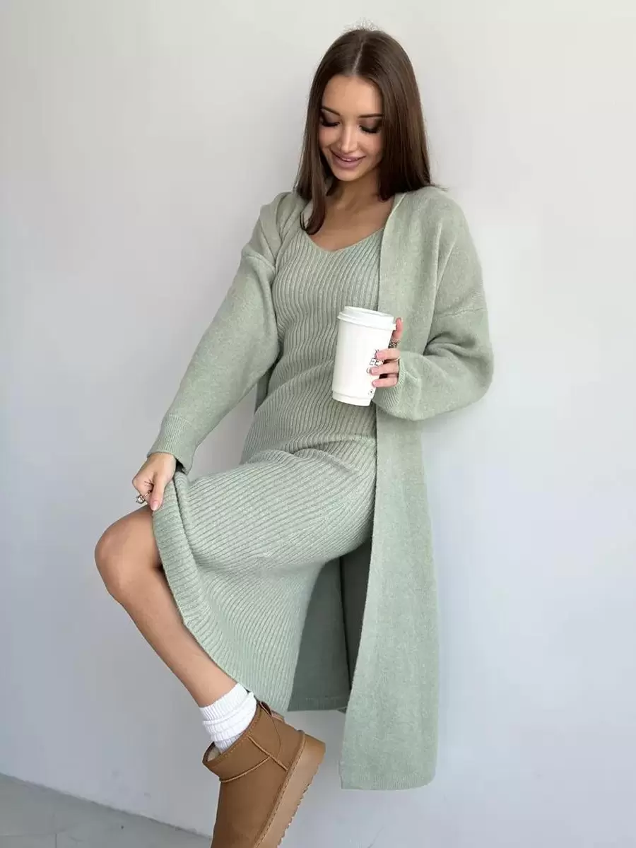 Elegant Jewel Neck Long Sleeves Outerwear 2pieces Set Knitted Dress - Image 6
