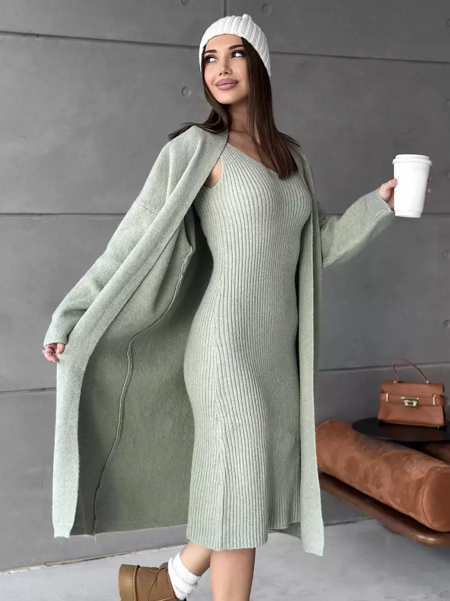 Elegant Jewel Neck Long Sleeves Outerwear 2pieces Set Knitted Dress - Image 7
