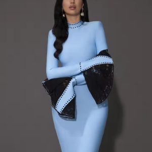 Elegant Lace Flare Sleeve Beaded Tight Bandage Knee Length Dress