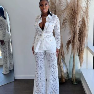 Elegant Lace Hook Flower Button Shirt Top Cargo Pants Streetwear Tracksuit Suit Matching Sets