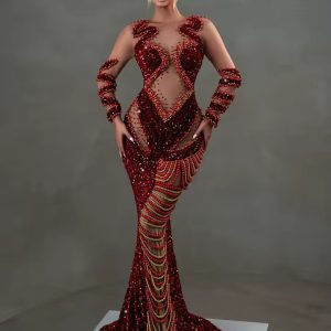 Elegant Long Sleeve Beading Sequins Mesh Maxi Long Gowns Dress