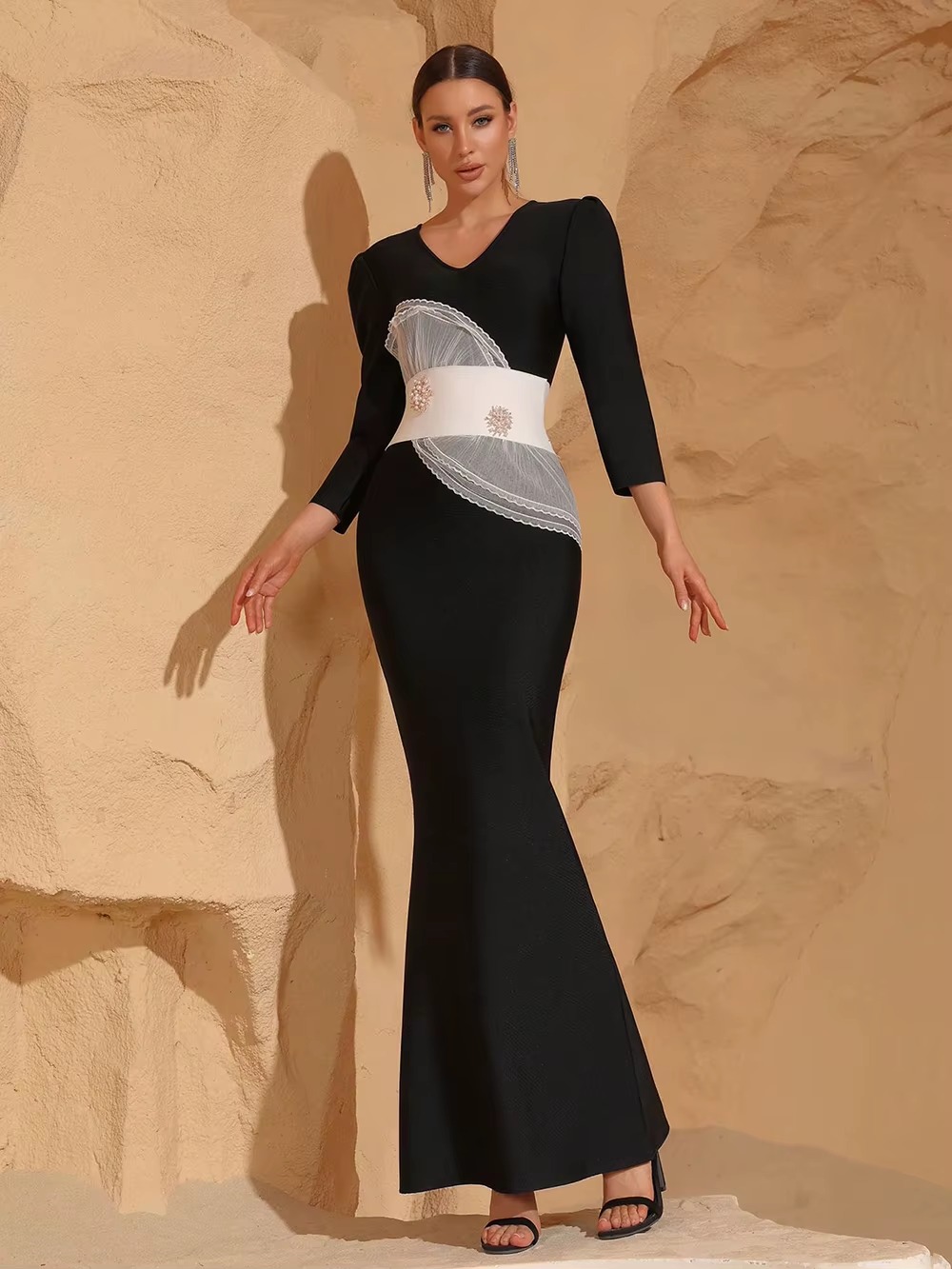 Elegant Long Sleeve Patchwork Evening Club Party Maxi Long Bodycon Celebrity Bandage Dress - Image 3