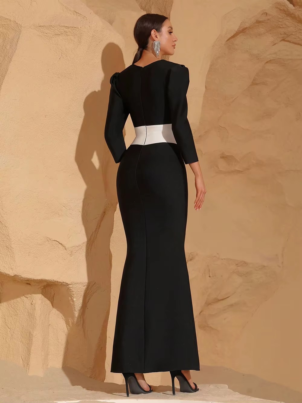 Elegant Long Sleeve Patchwork Evening Club Party Maxi Long Bodycon Celebrity Bandage Dress - Image 8