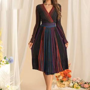 Elegant Long Sleeve V-Neck High Waist Striped Ombre Midi Dress