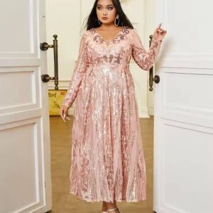 Elegant Long Sleeve V-Neck Sequin Plus Size Midi Dress