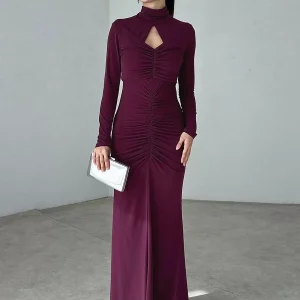 Elegant Long Sleeves Cut Out Chic High Collar Body-conscious Sheath Bodycon Dress