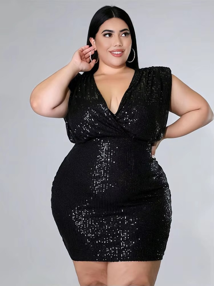 Elegant Lycra Deep V-Neck Plus Size Tight Mini Dress - Image 3