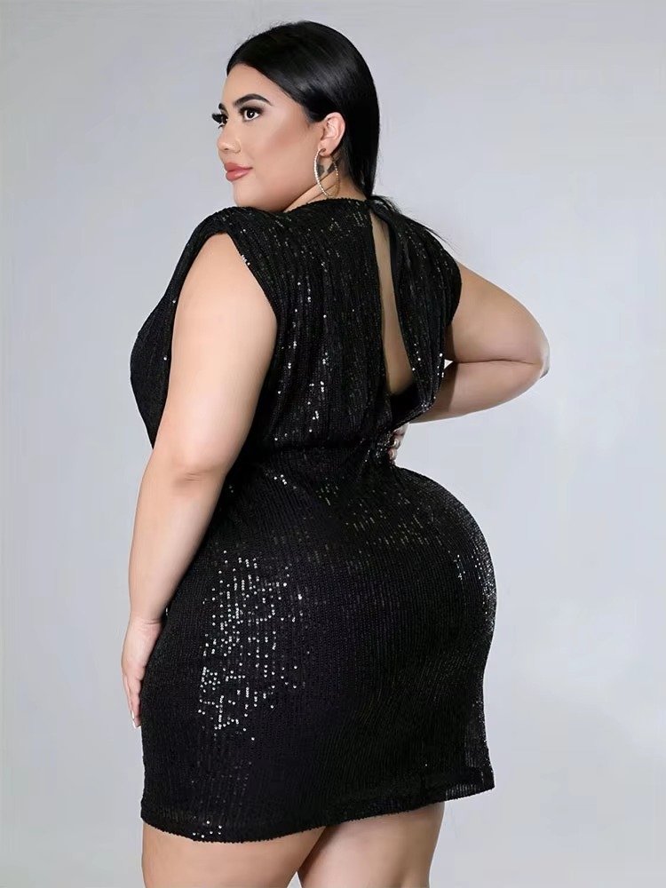 Elegant Lycra Deep V-Neck Plus Size Tight Mini Dress - Image 4