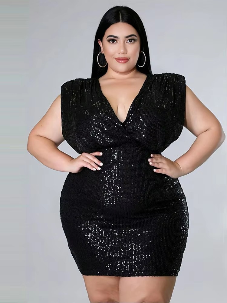 Elegant Lycra Deep V-Neck Plus Size Tight Mini Dress - Image 2