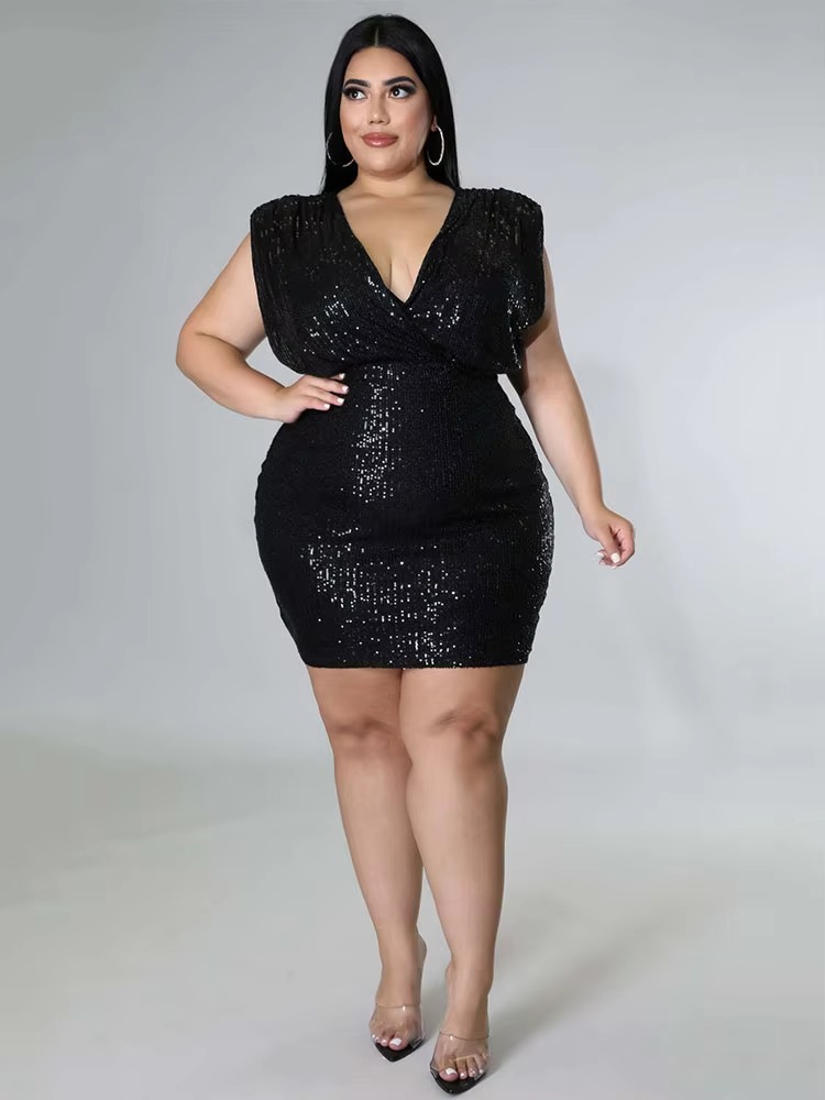 Elegant Lycra Deep V-Neck Plus Size Tight Mini Dress