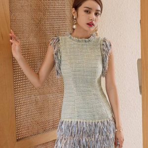 Elegant O-neck Tassel Patchwork Slim Waist Mini Dress