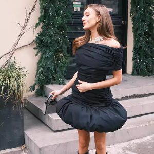Elegant Off Shoulder High Waist Pleated Bubble Mini Dress