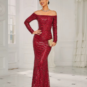 Elegant Off Shoulder Sequin Mermaid Evening Prom Maxi Dress