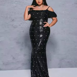 Elegant Off Shoulder Sequin Mermaid Plus Size Maxi Dress