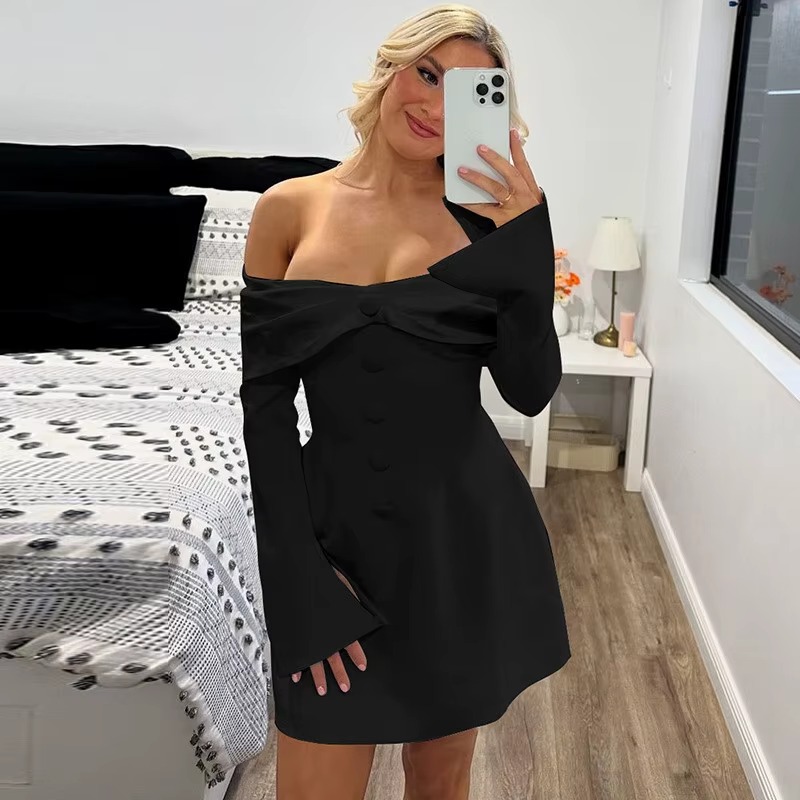 Elegant Off-shoulder Long Flare Sleeve Mini Blazer Dress - Image 8