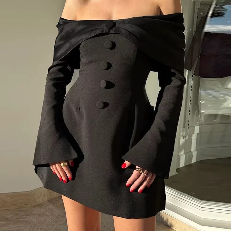 Elegant Off-shoulder Long Flare Sleeve Mini Blazer Dress - Image 9