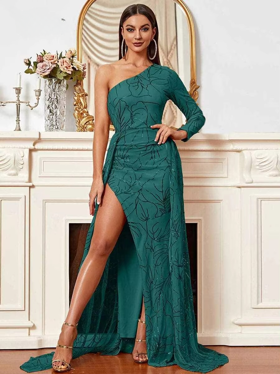 Elegant One Shoulder Sequin A Line Cocktail Party Dress - Image 2