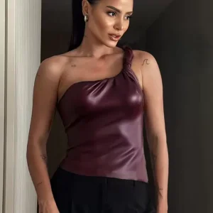 Elegant One-Shoulder Sleeveless PU Leather Daily Casual Camis Top