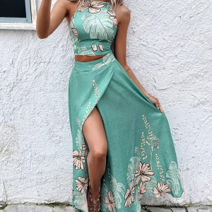 Elegant Print Floral Splice Casual Backless Sleeveless Halter Sling Tops A Line Long Skirts Two Piece Sets