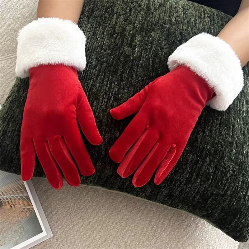 Elegant Retro Furry Trim for Party Festive Christmas Velvet Gloves