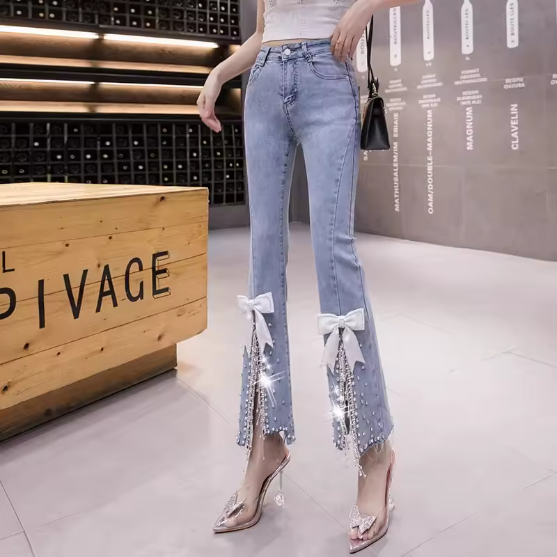 Elegant Retro Split Rhinestone Tassel Beaded Bow Cropped Slim Denim Flared Pants