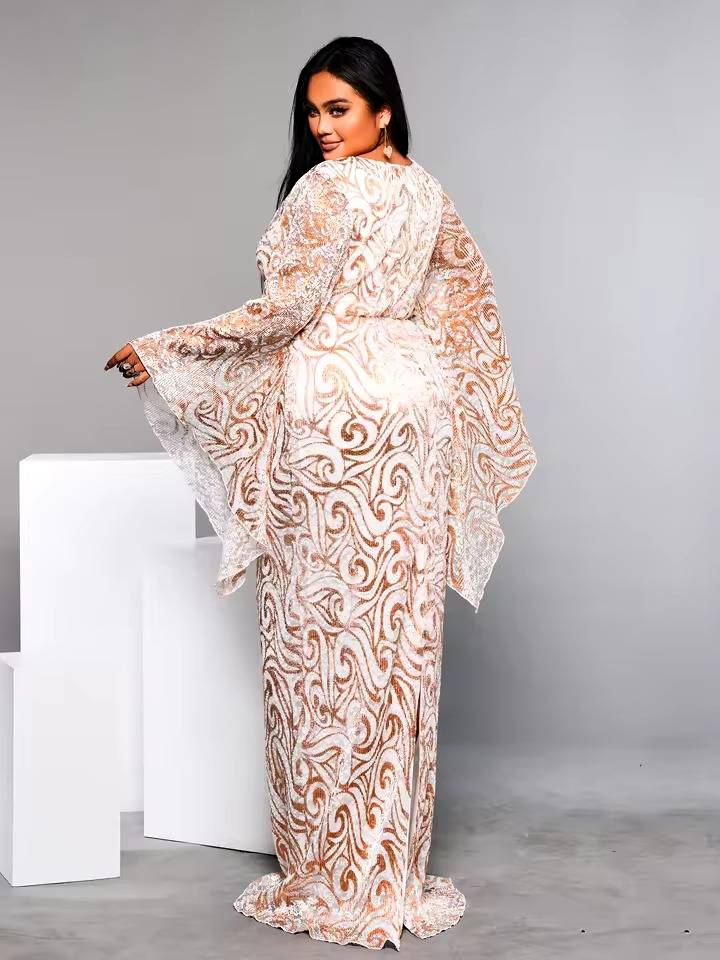 Elegant Round Neck Flare Sleeve Geometric Sequin Plus Size Maxi Dress - Image 5