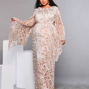Elegant Round Neck Flare Sleeve Geometric Sequin Plus Size Maxi Dress