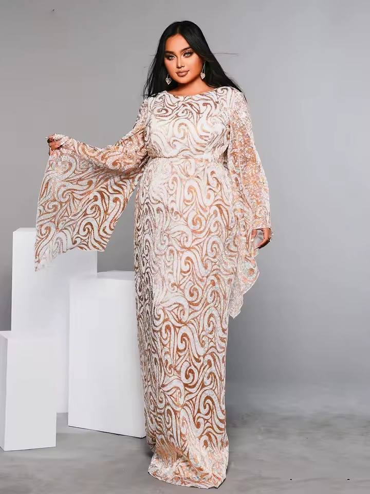 Elegant Round Neck Flare Sleeve Geometric Sequin Plus Size Maxi Dress