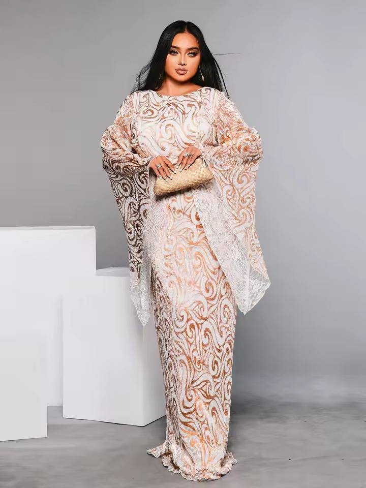 Elegant Round Neck Flare Sleeve Geometric Sequin Plus Size Maxi Dress - Image 2