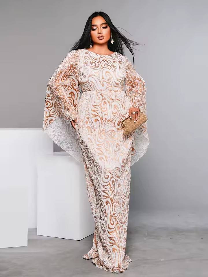 Elegant Round Neck Flare Sleeve Geometric Sequin Plus Size Maxi Dress - Image 3