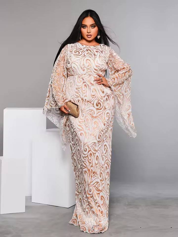 Elegant Round Neck Flare Sleeve Geometric Sequin Plus Size Maxi Dress - Image 4
