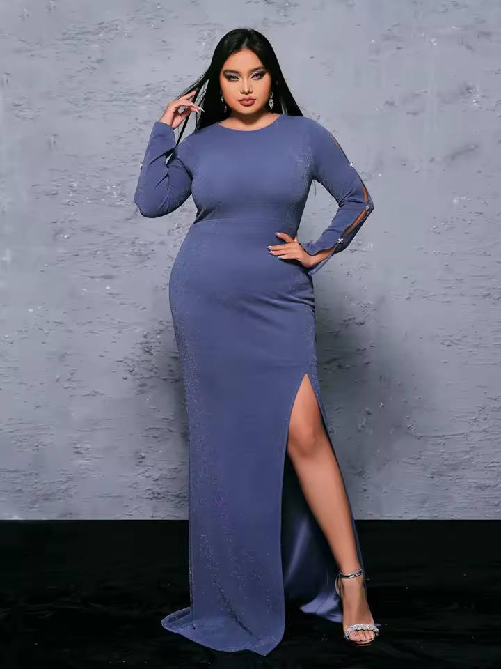 Elegant Round Neck Long Sleeved Split Plus Size Maxi Dress - Image 2